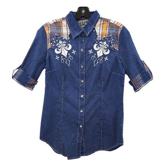 Affliction Snap Front Shirt Womens S Roll Tab 3/4 Sleeve Blue Cross Rhinestones - Picture 1 of 16